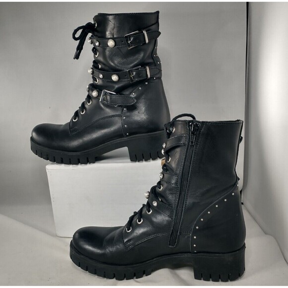 Girotti black pearl lace up leather combat boots Size EU 39 (Approx US 8.5) - Picture 2 of 14